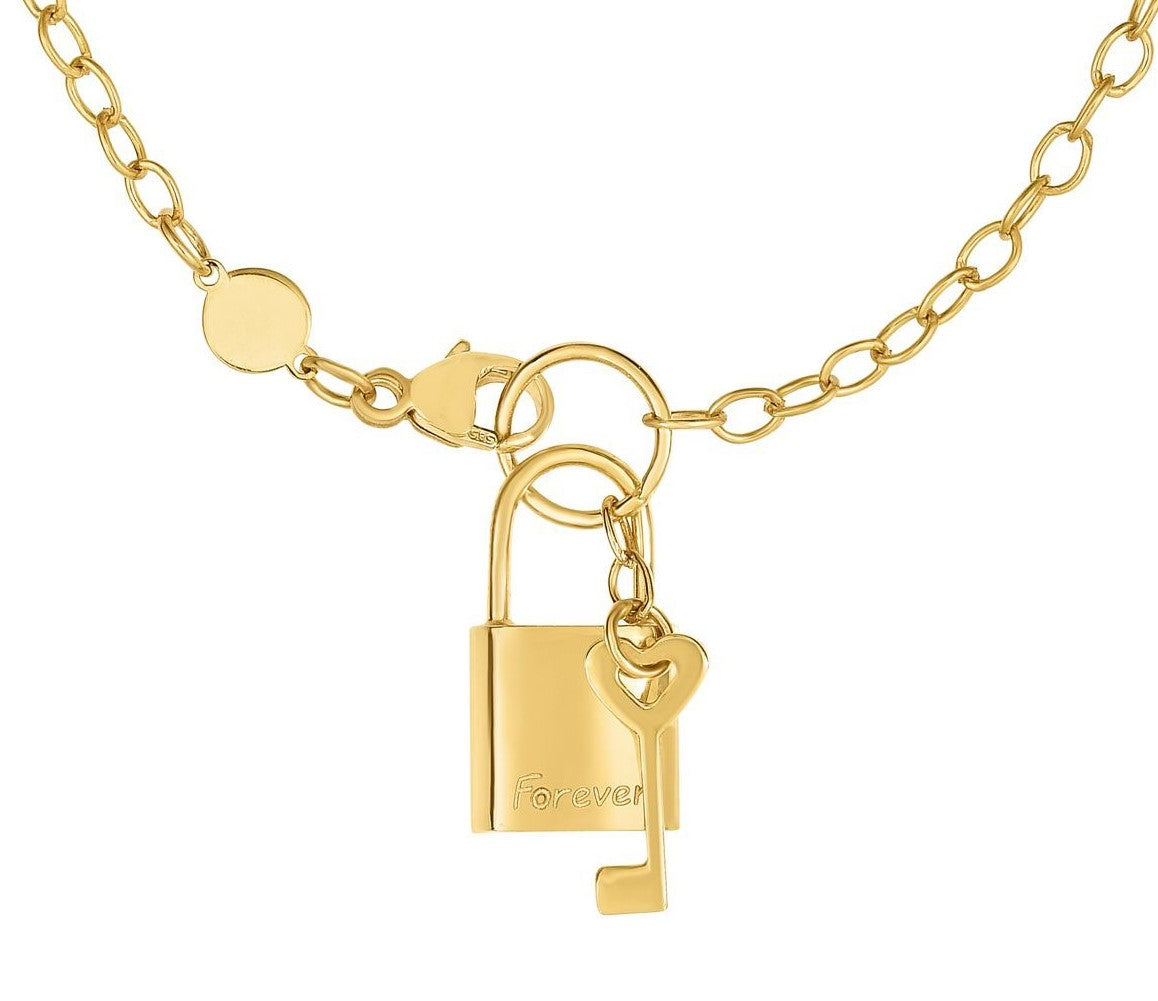 14K Yellow Gold Lock & Key Charm Necklace with Bar and Toggle Closure