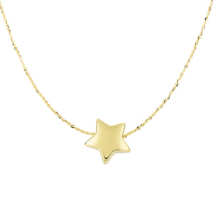 Puffed Star Sliding Pendant Necklace Real 14K Yellow Gold