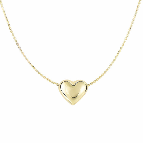 Puffed Mini Heart Charm Cable Chain Pendant Necklace Real 14K